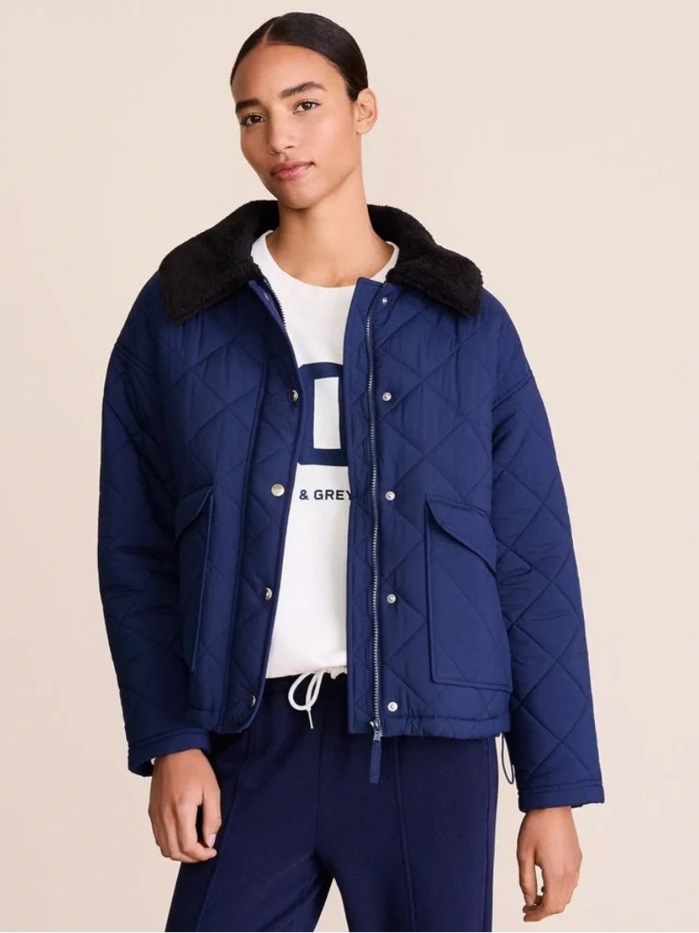 LOFT Lou & Gray Navy Blue Sherpa Collared Quilted Puffer Jacket, Size XL, NWT